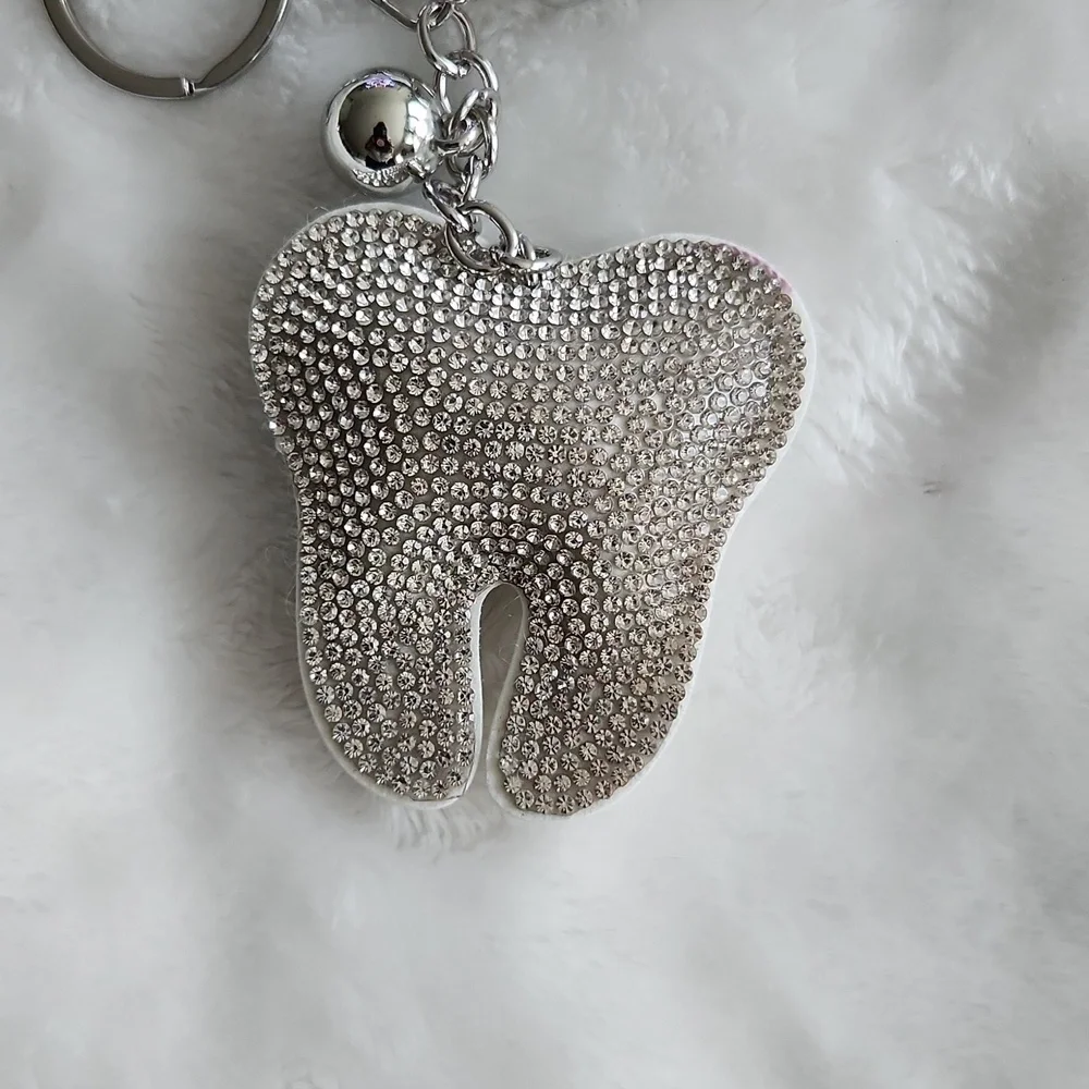 Silver Rhinestone Tooth Keychain Bag Charm